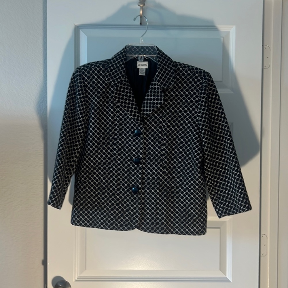 Chico cotton wool navy blazer size 2 black and white diamond design workwear